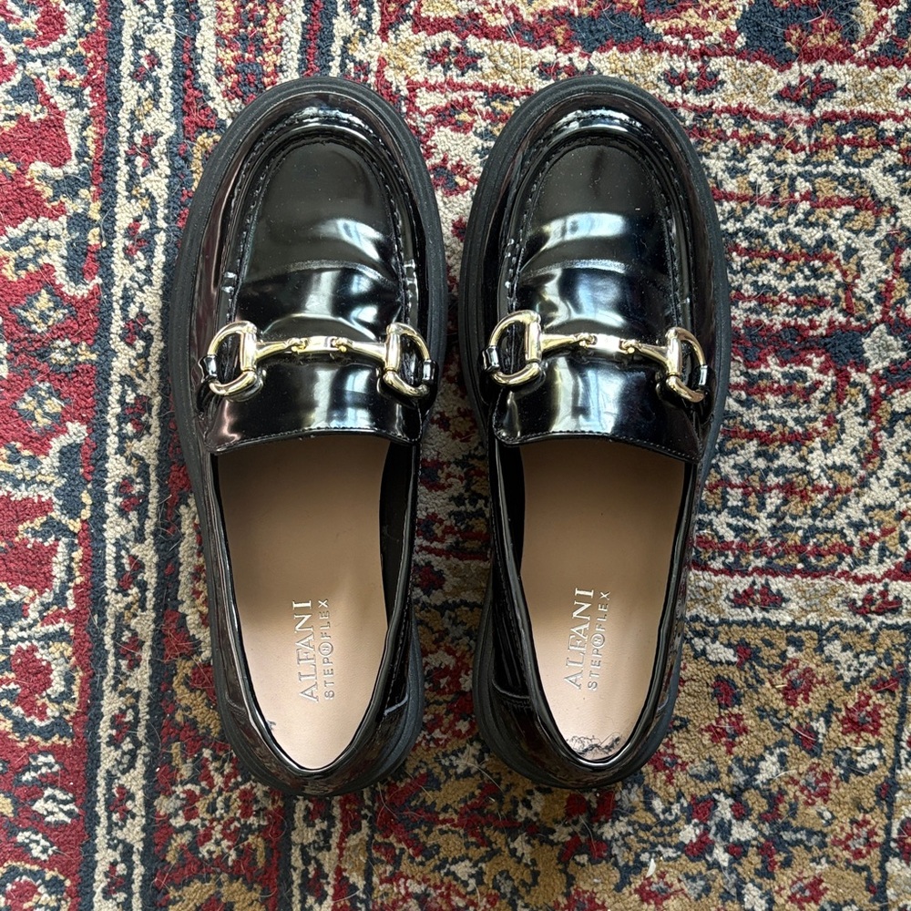 Alfani Women's Shiny Black Loafers with Gold Accents